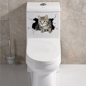 3D realistic tabby cat wall sticker appearing through a cracked hole on white toilet tank
