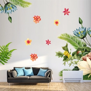 Realistic tropical flower wall decal featuring blue water lily and palm leaves for home decor
