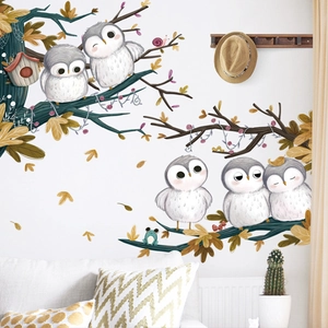 Cartoon owl wall stickers set with tree branches and birdhouse for living room decor