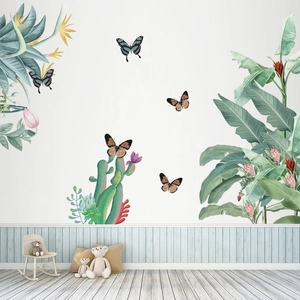 Tropical wall decals featuring banana leaves, cactus, and butterflies for home decoration