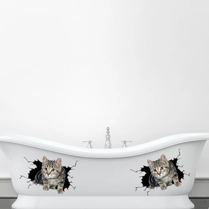 3D cat wall sticker with creative cracked wall effect on a white bathtub surface