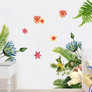 Tropical wall decals featuring blue water lilies, hibiscus flowers and palm leaf decorations