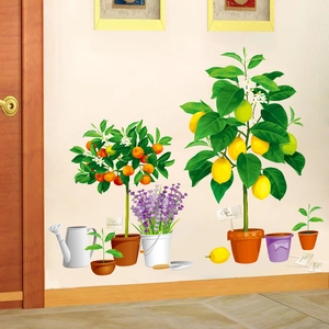 Vibrant wall decals featuring lemon and orange trees with potted lavender for home decor