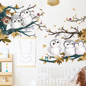 Cartoon owl wall stickers for nursery featuring trees and hand-drawn forest animals