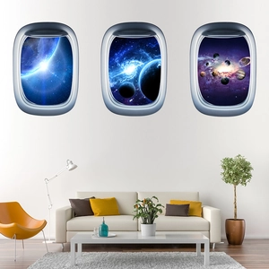 Three-piece aircraft window wall stickers with space and galaxy stars scenery for living room