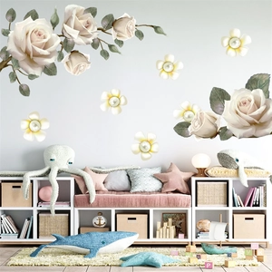 Elegant White Rose Peony Flower Green Leaf Wall Stickers Waterproof PVC 3D Floral Wall Decals For Living Room Nursery Home Decor