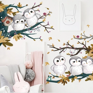 Cute cartoon owls and tree branches wall stickers for kids bedroom decor scene