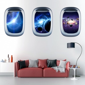 Three-piece aircraft window 3D wall stickers featuring cosmic galaxy and planet scenery