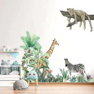 Tropical Jungle Animal Wall Stickers Giraffe Zebra Leopard Palm Leaves Waterproof PVC Art Decals For Kids Room Nursery Home Decor