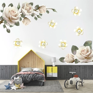 Peony and rose flower wall stickers for living room with green leaves and 3D floral effect