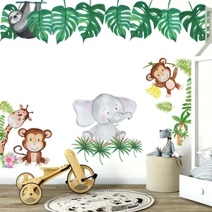 Cartoon jungle animals wall decals with elephant giraffe and tropical leaves for nursery