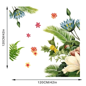 Detail view of watercolor blue lotus and palm leaf wall stickers with size markings