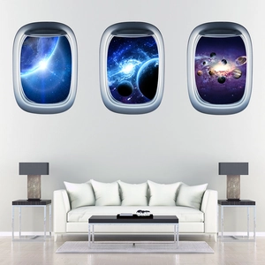 Three-piece 3D airplane window wall stickers featuring Earth and galaxy space views