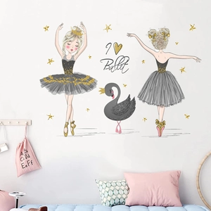 Sticker Mural Fille de Ballet Cygne Noir Imperméable PVC Étoile Or Dessin Animé Mural pour Décoration Chambre Enfant