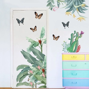 Tropical banana leaf and cactus wall stickers with butterflies for living room decor