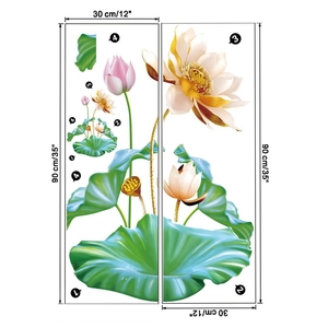 Dettaglio di due fogli 30x90cm con adesivi murali loto dorato e dimensioni del formato