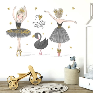Stickers muraux ballerine avec cygne noir et étoiles dorées pour chambre d'enfant