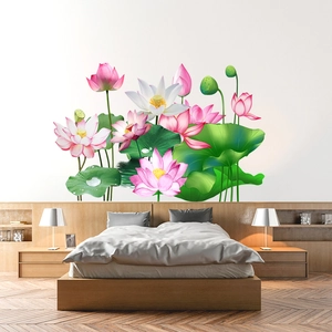 Adesivi murali loto dorati con fiori rosa per la decorazione della camera da letto