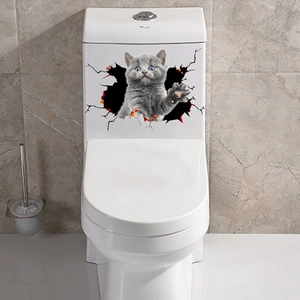 Detailed 3D creative gray cat wall sticker peering through realistic cracked gap detail