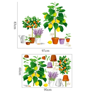 Garden plant wall stickers with lemon tree and lavender pots, 83x97cm display size