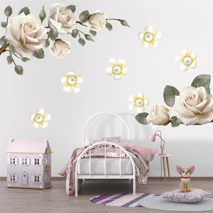 Elegant white peony and rose floral wall stickers with green leaves for bedroom wall decor