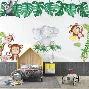 Watercolor jungle animal wall stickers featuring elephants and giraffes in kids' bedroom