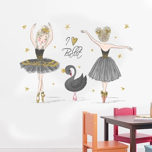 Stickers muraux ballerine et cygne noir avec étoiles dorées pour chambre d'enfant