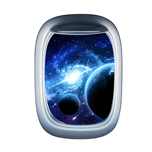 Macro detail of a 3D spaceship window wall sticker showing a galaxy and distant planets