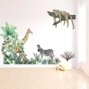 Macro view of realistic jungle animal wall stickers with giraffe zebra and leopard decals
