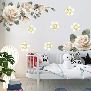 Peony and white rose wall stickers for nursery wall with green leaves decoration