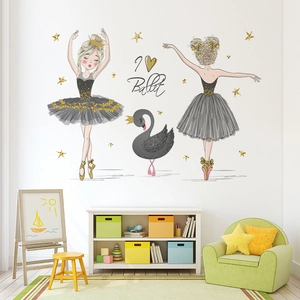 Stickers muraux ballerine et cygne noir avec étoiles dorées pour décoration de chambre