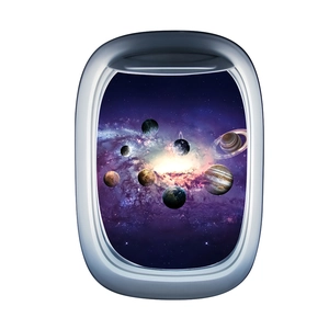 Detail of 3D aircraft window wall sticker featuring planets and cosmic nebula scenery