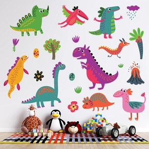 Hand-painted cartoon dinosaur egg wall stickers for kids bedroom decor with colorful forest