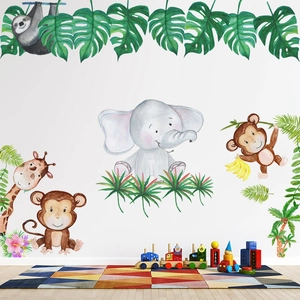 Jungle animals wall stickers with elephant giraffe and tropical leaves for kids room decor