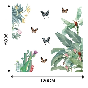 Detailed watercolor tropical wall stickers showing banana leaves and cacti 120x90cm