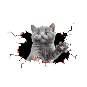 3D wall sticker featuring a cute grey kitten pawing through a realistic cracked wall effect