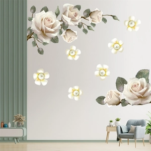 Detail of elegant 3D peony wall stickers with white roses and green leaves on grey wall
