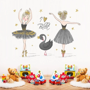 Détail de stickers ballerine avec cygne noir et étoiles dorées pour décor chambre d'enfant