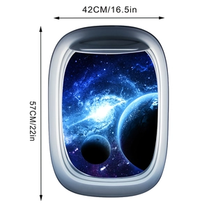 Detailed 42x57cm size chart of a 3D spaceship window wall sticker with space scenery