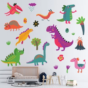 Detailed wall scene with colorful cartoon dinosaur stickers in a white nursery room
