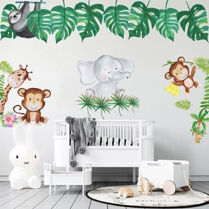 Jungle animal wall stickers featuring elephant, giraffe and monkeys for nursery decor