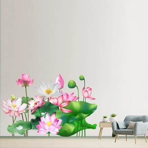 Vista dettagliata di adesivi murali con loto rosa in un soggiorno dal design minimalista