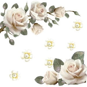 3D white rose flower wall stickers with green leaves and pearl bead accents