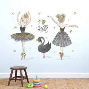 Détail de stickers muraux de ballerine avec paillettes dorées et cygne pour chambre