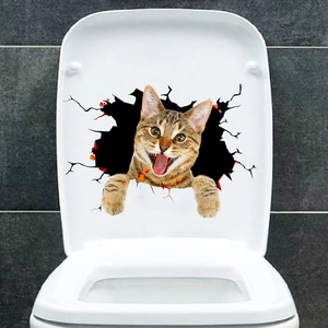 3D tabby cat toilet lid sticker showing a creative cat breaking through a white surface