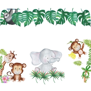 Watercolor jungle animal wall decal with elephant and giraffe for nursery decor