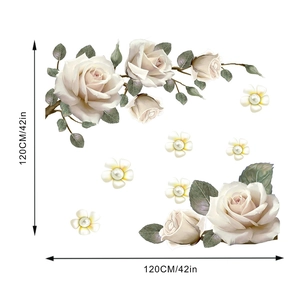 Detail view of large cream rose wall stickers with green leaves and size markings