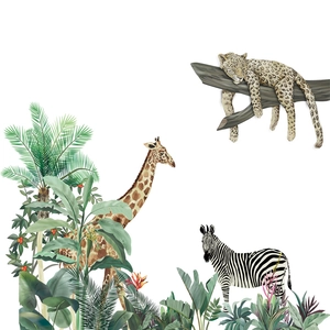 Tropical savanna wall decals with giraffe zebra leopard and green palm leaf stickers