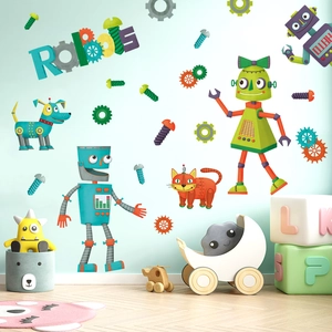 Adesivi murali robot cartoni animati colorati con ingranaggi per decorazione camera bambini