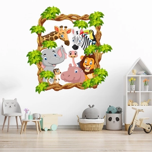 Cartoon Jungle Animal Wall Stickers PVC Waterproof Forest Giraffe Elephant Lion Zebra Decal Kids Room Nursery Decoration